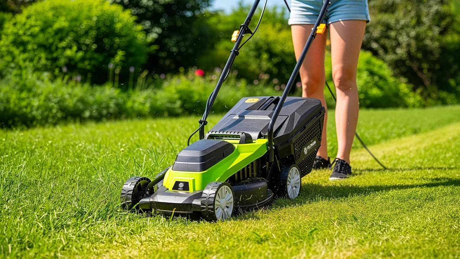 Žena kosí trávnik elektrickou kosačkou Fieldmann FZR 2023-E