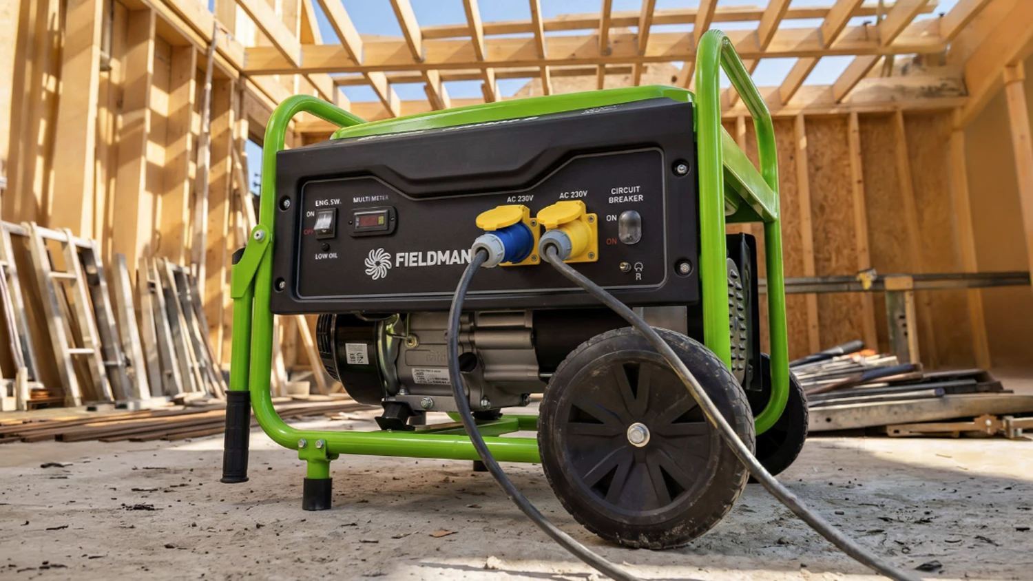 Benzínový generátor FIELDMANN FZI 2800-B na stavbe s pripojenými káblami
