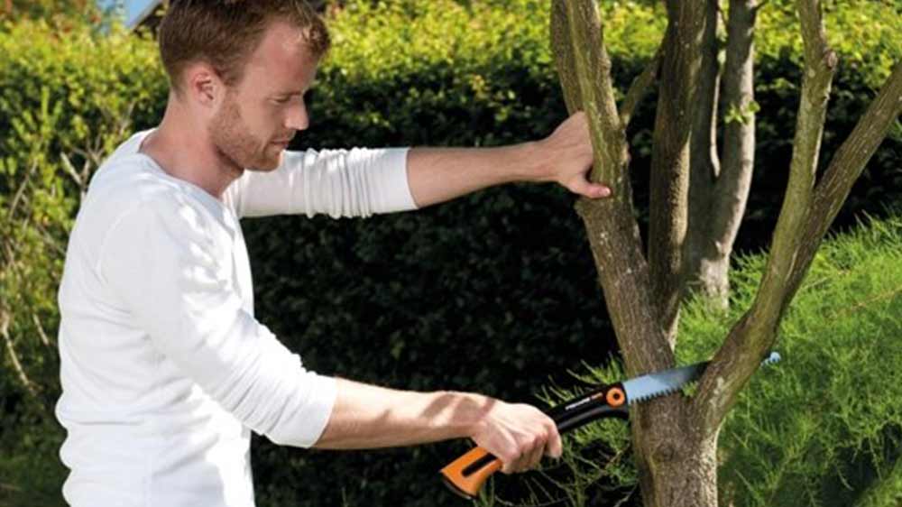 Muž řeze větev zahradní pilkou Fiskars Xtract SW75_02