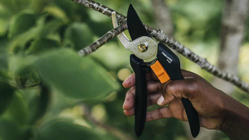 Ruka stříhající větev zahradními nůžkami Fiskars P121_02