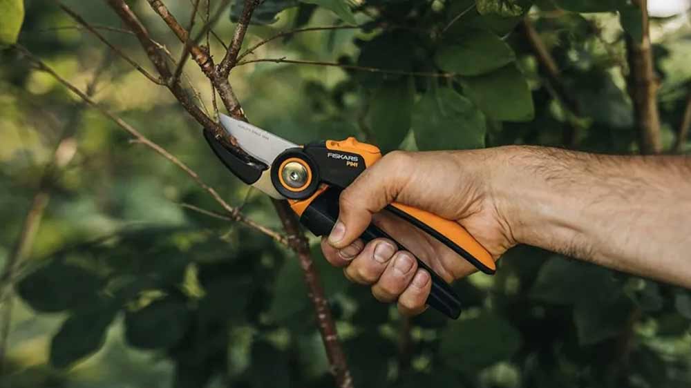 Mužská ruka se zahradními nůžkami Fiskars L PowerGear X-series (P941) stříhající větve_02