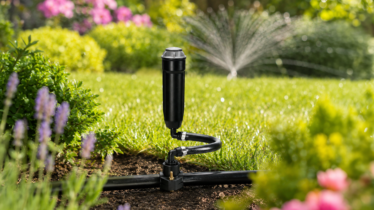 Obj&iacute;mka 25 mm Gardena pripojen&aacute; k zavlažovaču v z&aacute;hrade