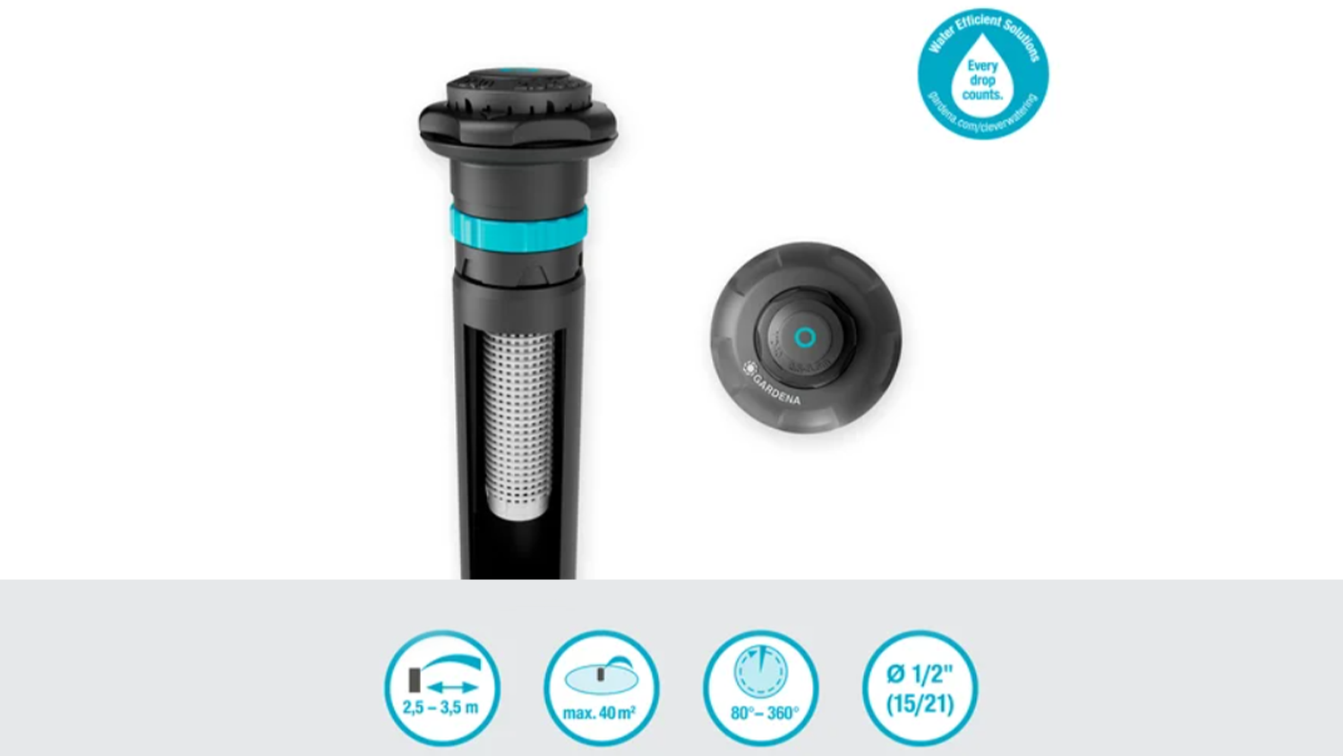 V&yacute;suvn&yacute; zade&scaron;ťovač Gardena MD40 s ikonami důležit&yacute;ch parametrů