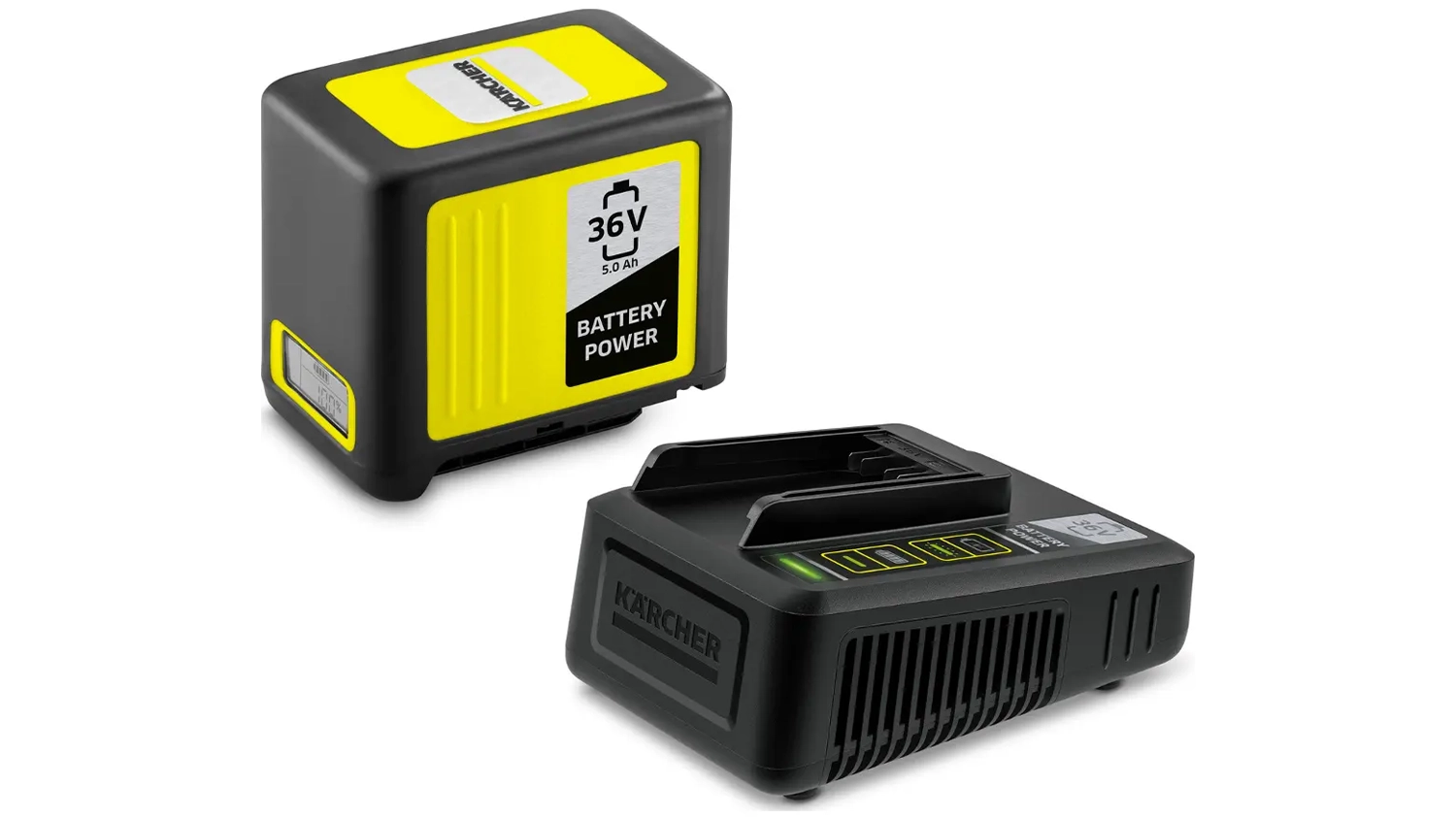 Startovací sada s akumulátorem Kärcher Battery Power 36/25 na bílém pozadí