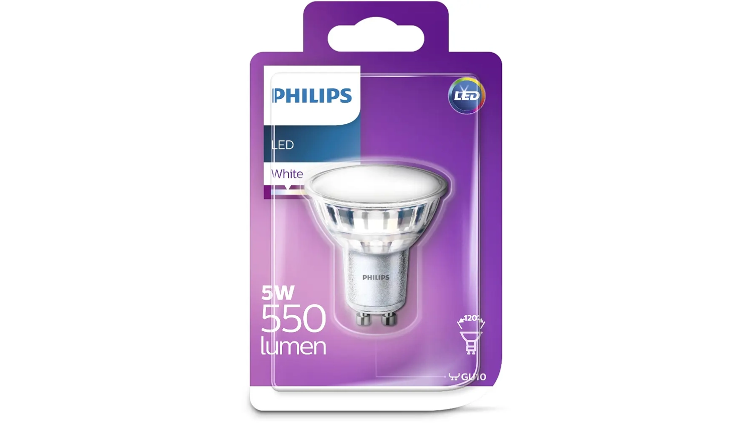 Žárovka Philips LEDClassic 550lm GU10 WH 120D na bílém pozadí v krabičce
