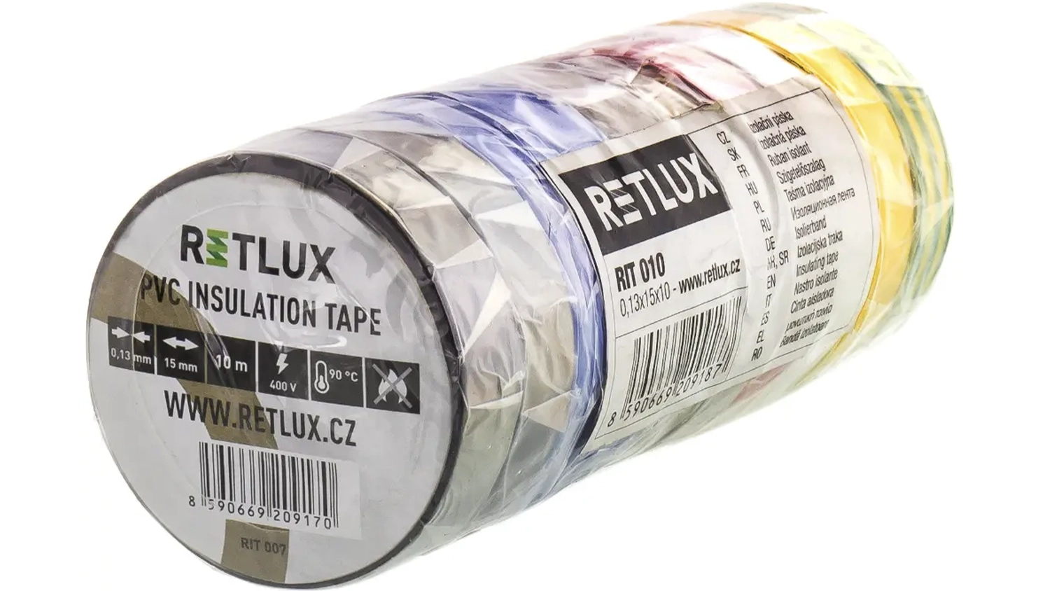 Elektroizolační páska RETLUX RIT 010 15 mm × 10 m mix barev na bílém pozadí zobrazující celkový design