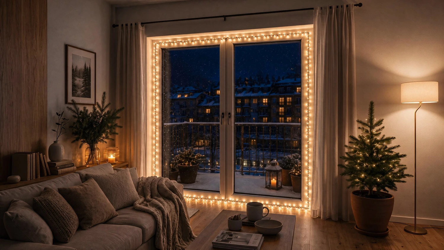 Světeln&yacute; řetěz v tepl&eacute; b&iacute;l&eacute; barvě na dveř&iacute;ch na balkon