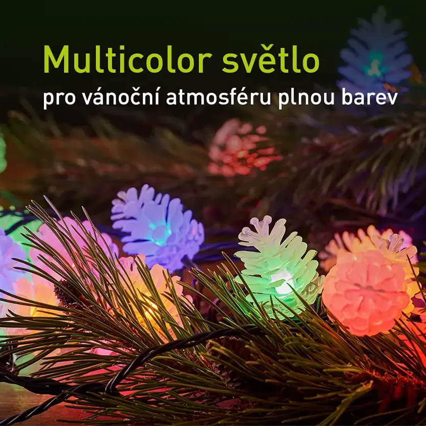 Detailní pohled na různobarevné LED šišky vánočního řetězu RETLUX RXL 308