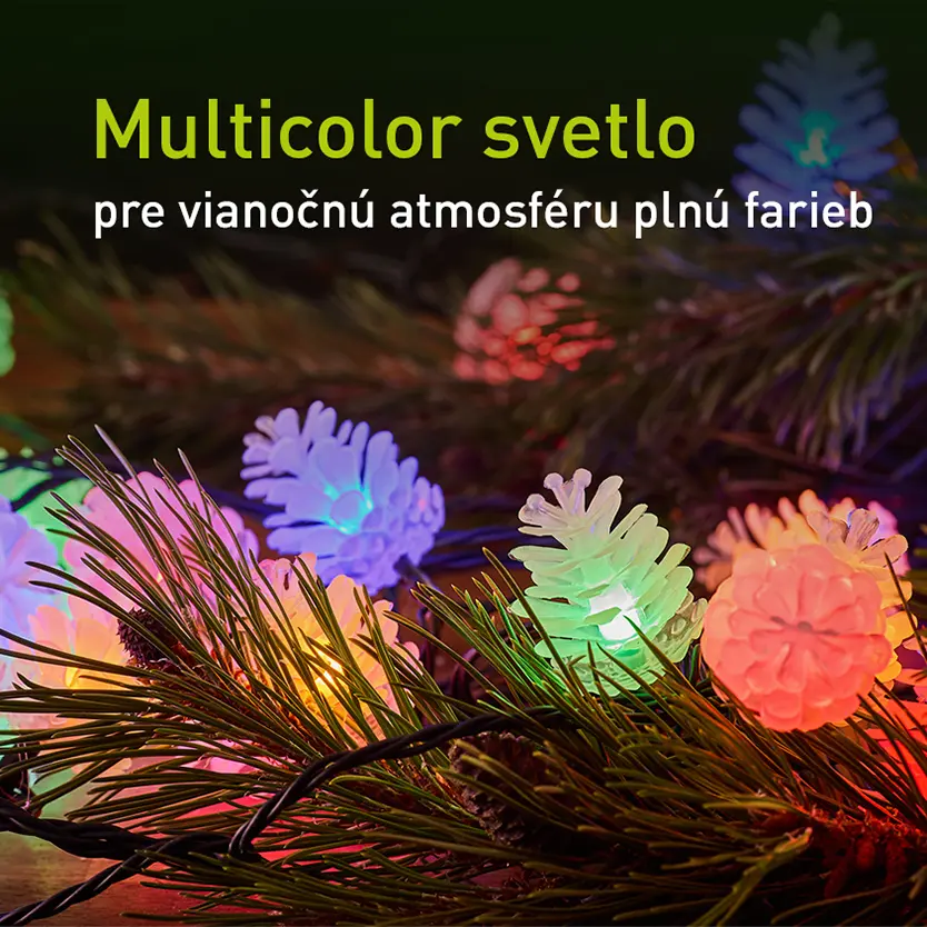 Detailný pohľad na viacfarebné LED šišky vianočnej reťaze RETLUX RXL 370