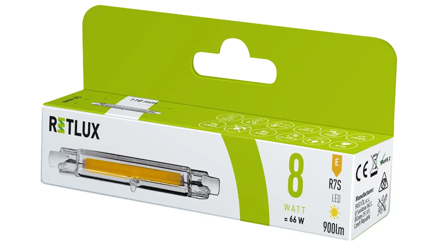 LED ž&aacute;rovka line&aacute;rn&iacute; Retlux RLL 458 R7s tepl&aacute; b&iacute;l&aacute; v krabičce