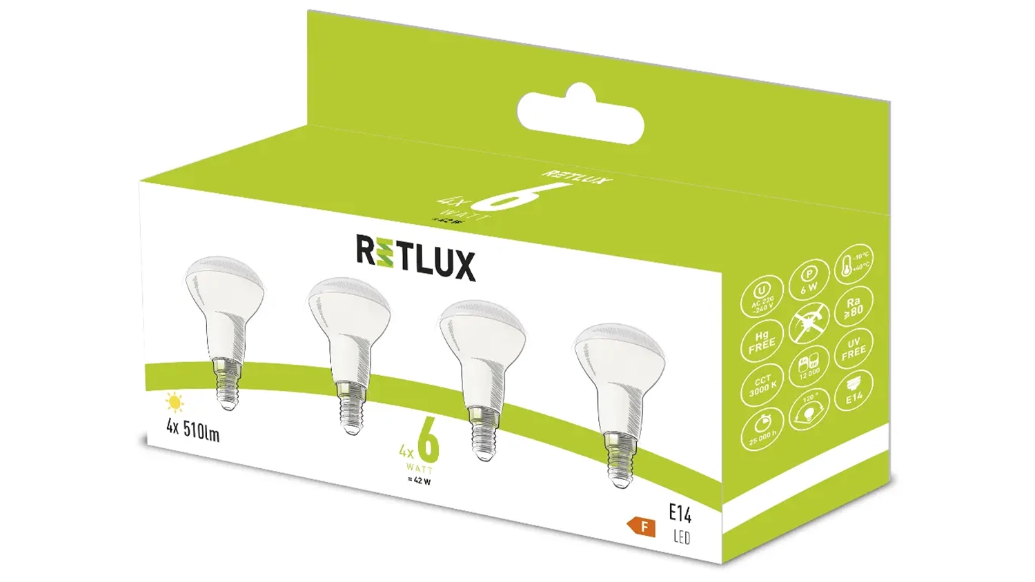 Sada 4 ks LED reflektorových žárovek RETLUX REL 39 R50 4x6W E14 teplá bílá v krabici