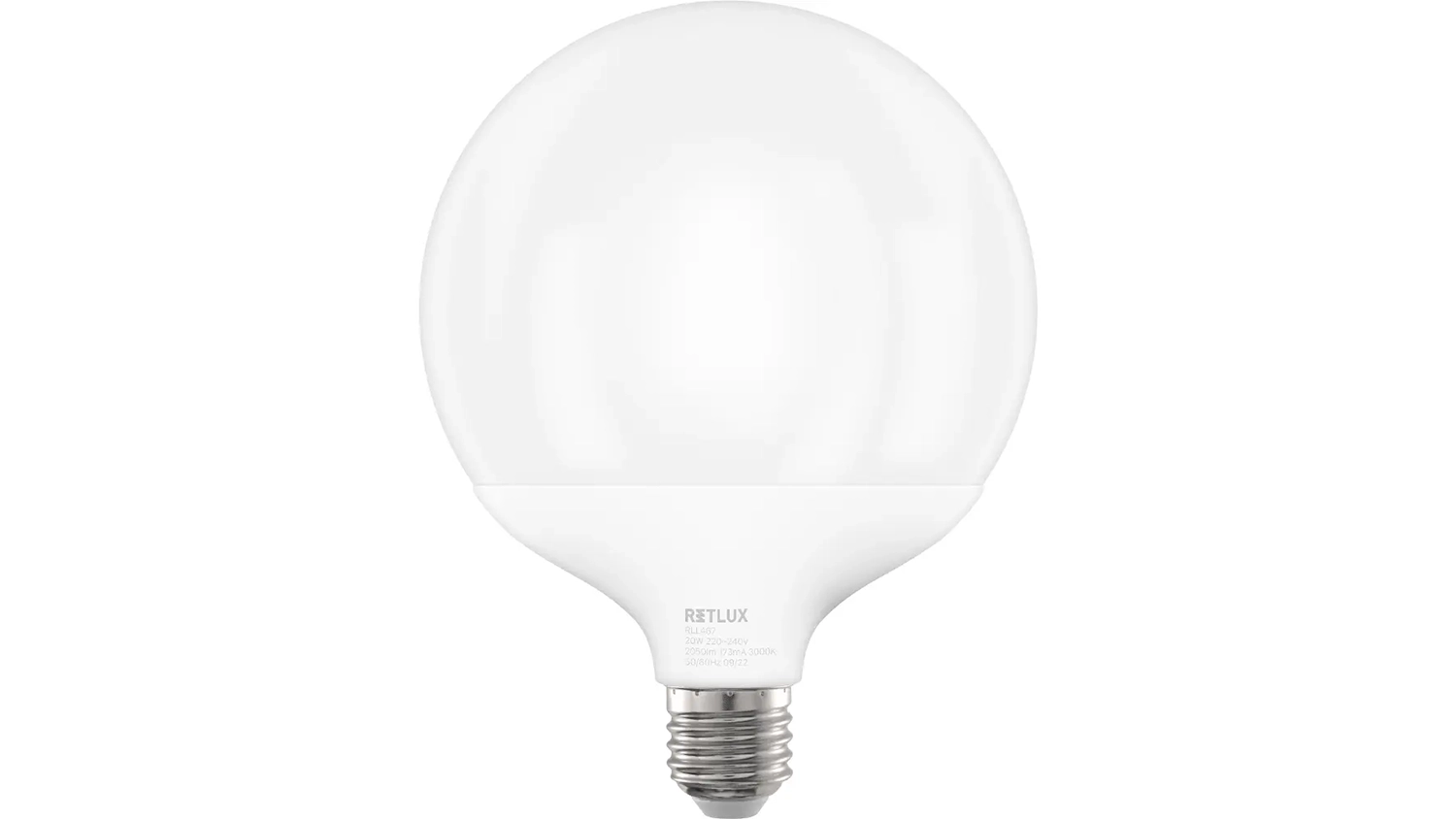 LED ž&aacute;rovka Retlux Big Globe RLL 467 na b&iacute;l&eacute;m pozad&iacute; zobrazuj&iacute;c&iacute; celkov&yacute; design velk&eacute;ho kulat&eacute;ho tvaru