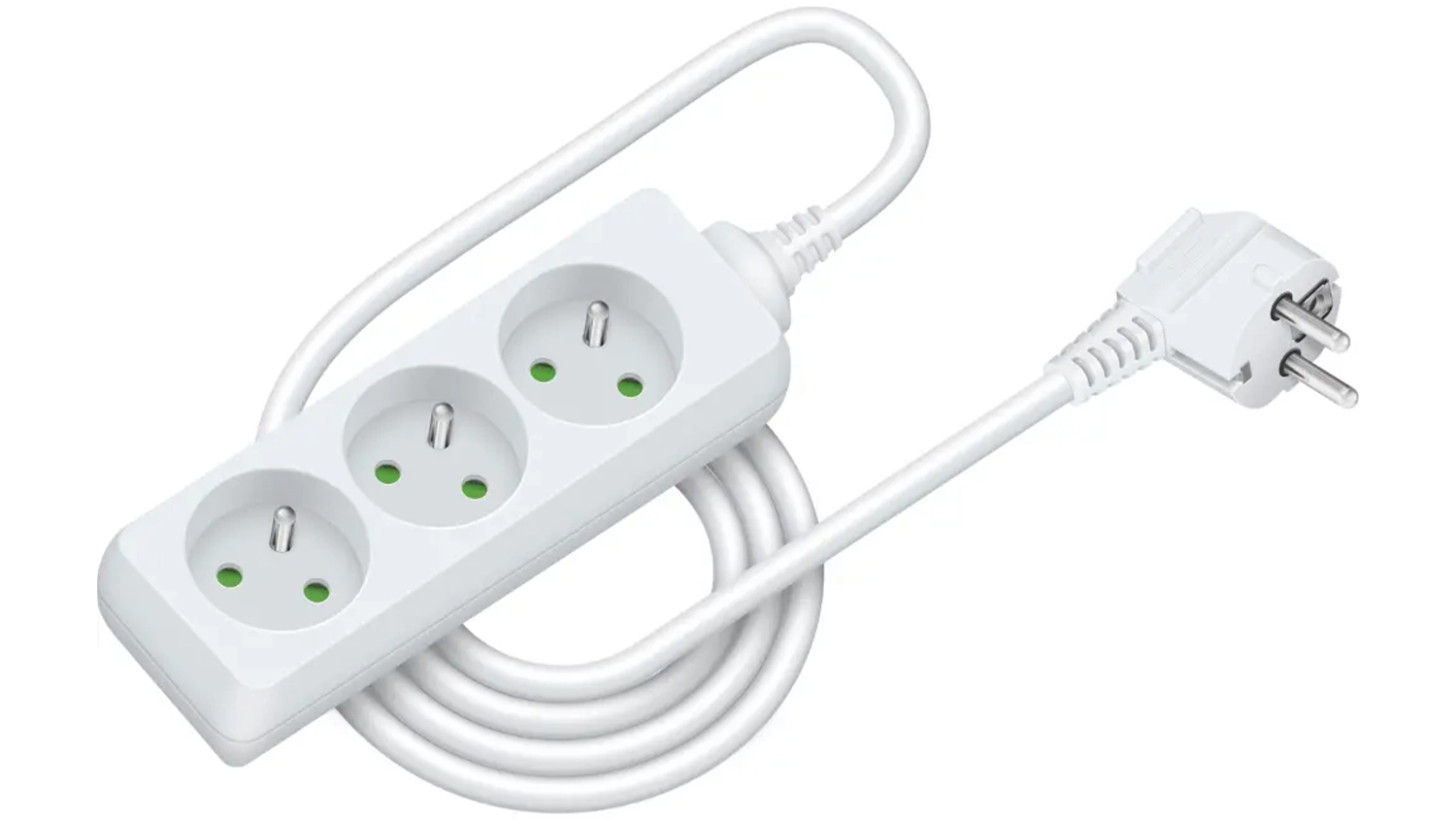 Prodlužovac&iacute; kabel Retlux RPC 02P b&iacute;l&aacute; na b&iacute;l&eacute;m pozad&iacute; zobrazuj&iacute;c&iacute; celkov&yacute; design s třemi z&aacute;suvkami
