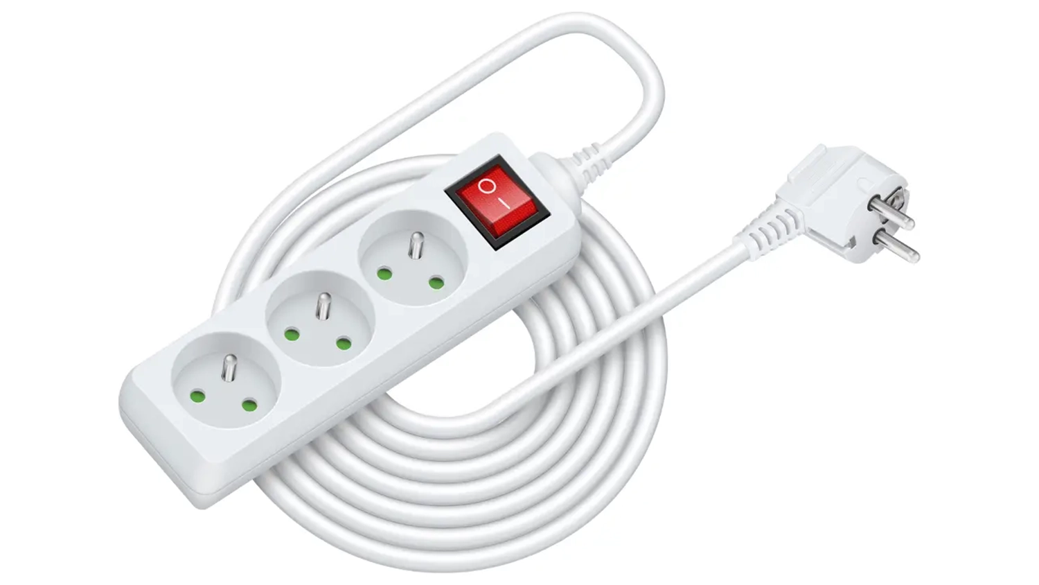 Prodlužovac&iacute; kabel Retlux RPC 22 b&iacute;l&aacute; na b&iacute;l&eacute;m pozad&iacute; zobrazuj&iacute;c&iacute; celkov&yacute; design s třemi z&aacute;suvkami