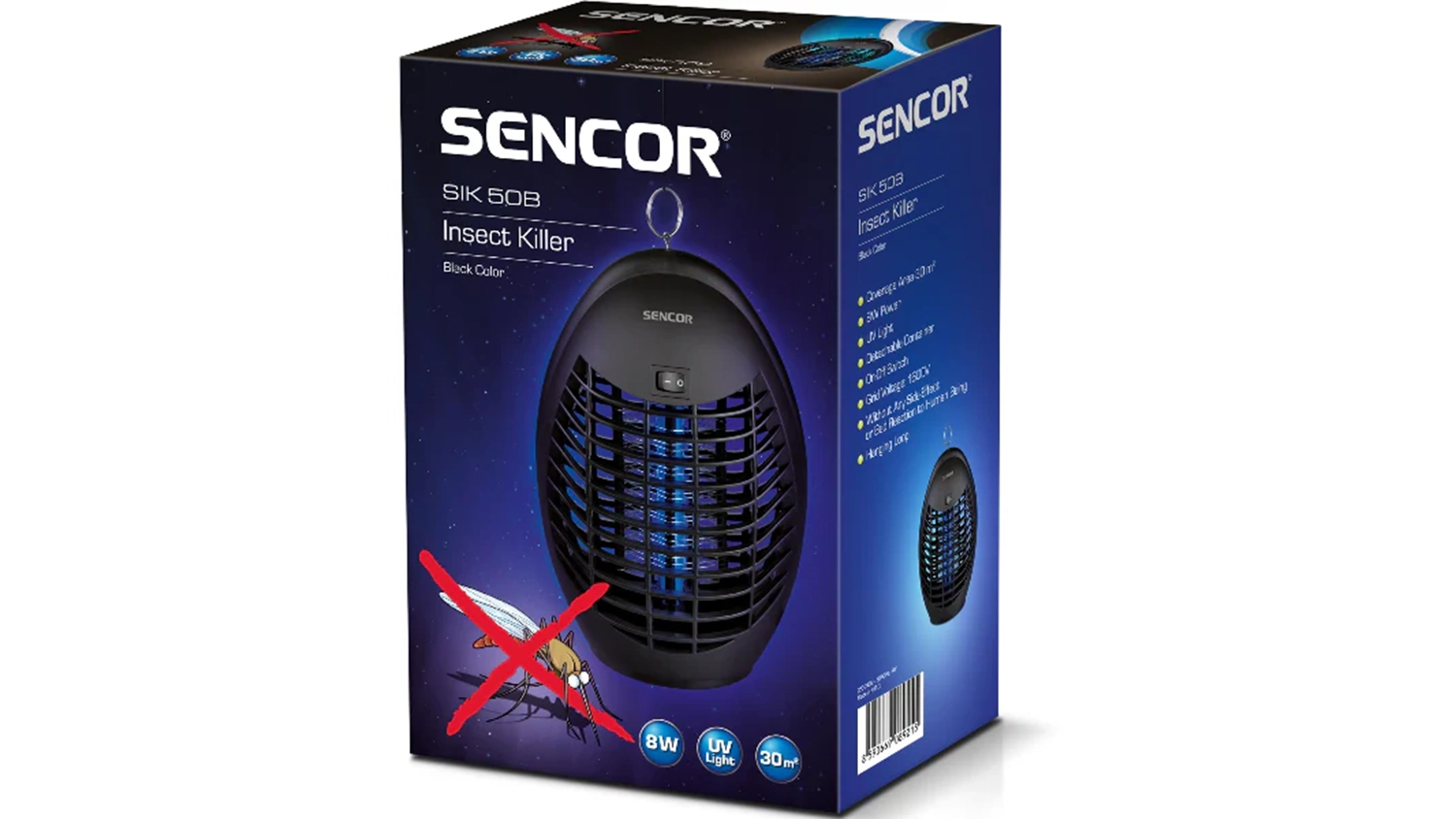 Elektrick&yacute; lapač hmyzu Sencor SIK 5000BK v krabici na bielom pozad&iacute;