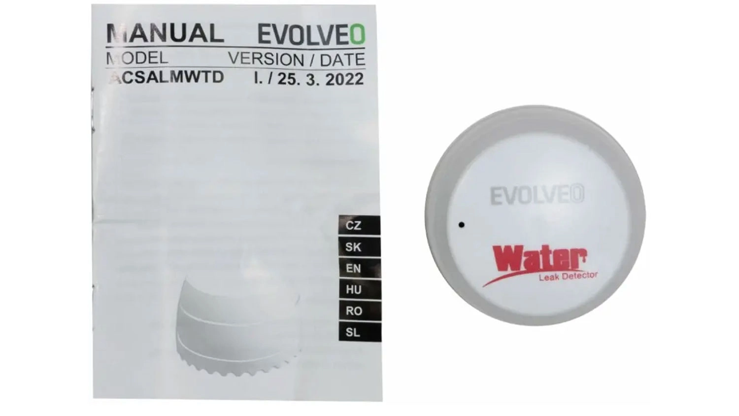 Bezdrátový detektor zaplavení Evolveo ACSALMWTD a manuálem.