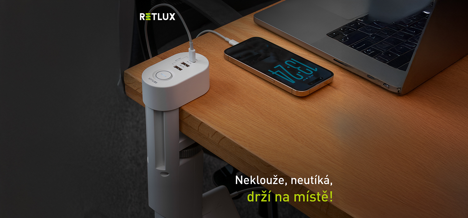 Prodlužovac&iacute; př&iacute;vod RETLUX RPC 72 Rae drž&iacute; pevně na stole