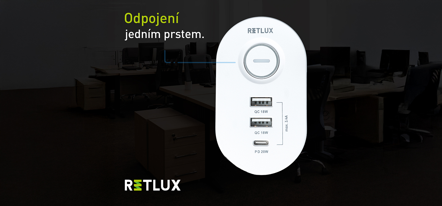 Prodlužovac&iacute; př&iacute;vod RETLUX RPC 72 Rae s detailem na vyp&iacute;nac&iacute; tlač&iacute;tko