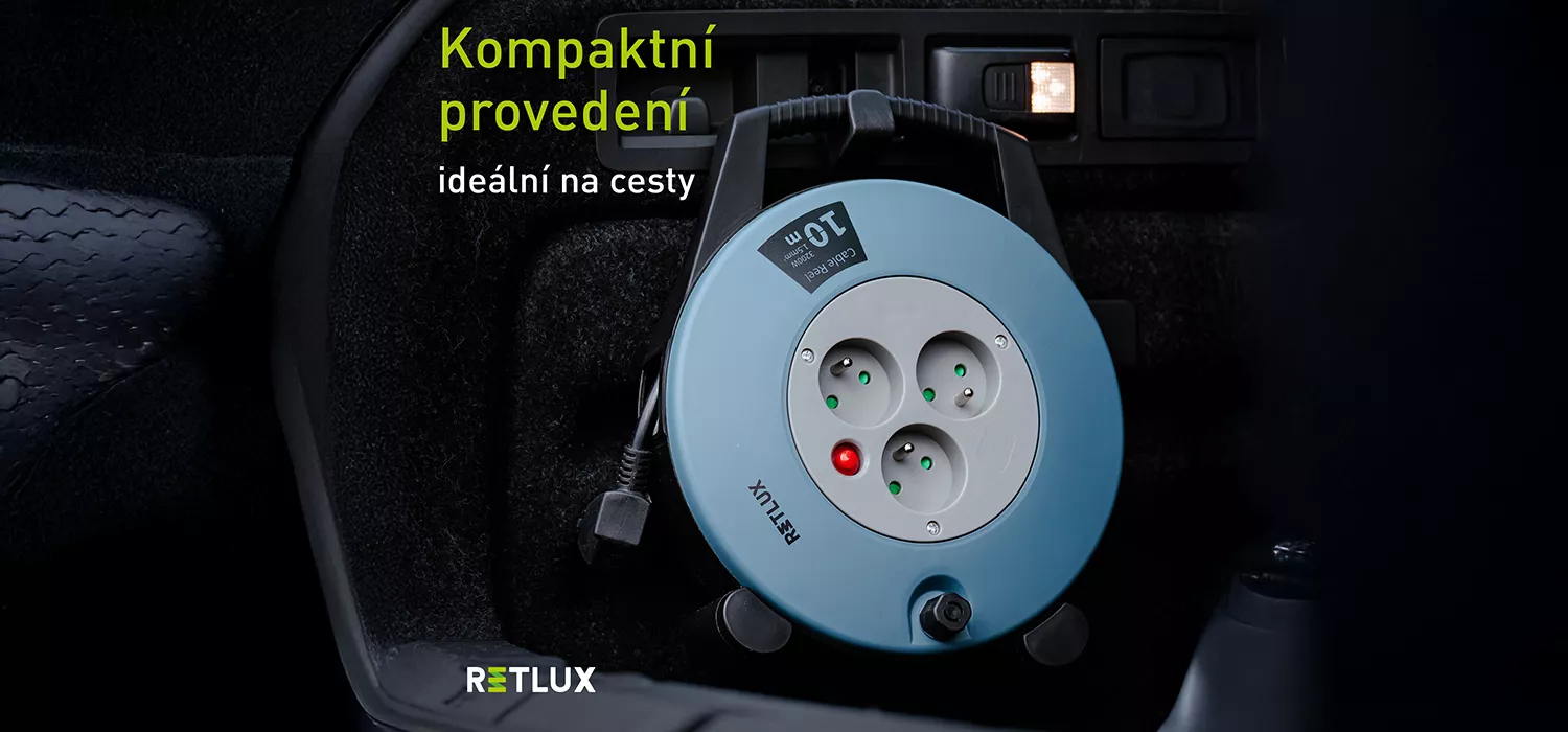 Prodlužovac&iacute; kabel buben RETLUX Russel se sloganem