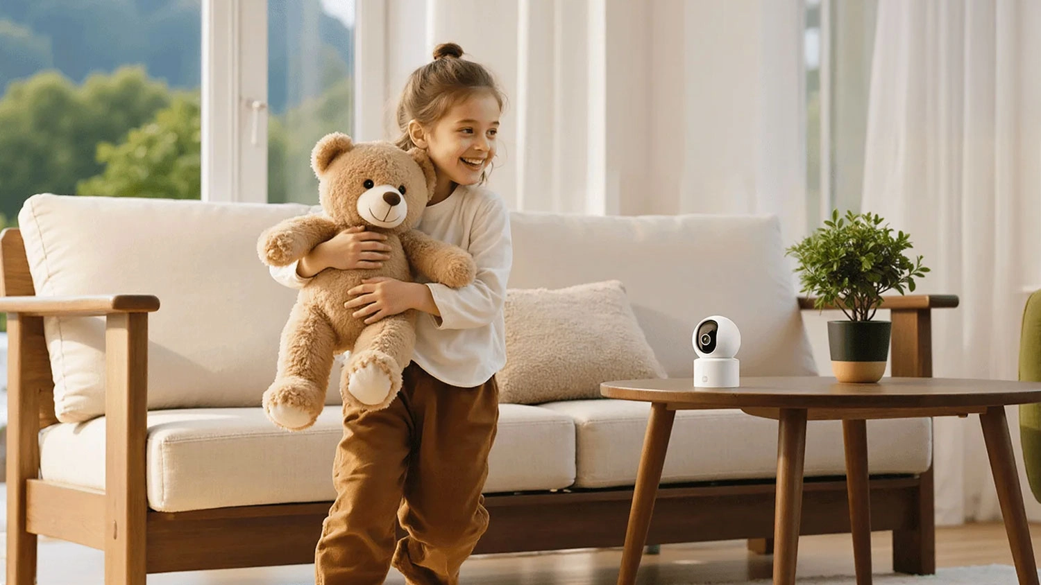 IP kamera Xiaomi Smart Camera C302 na stolíku a dievčatko beží okolo