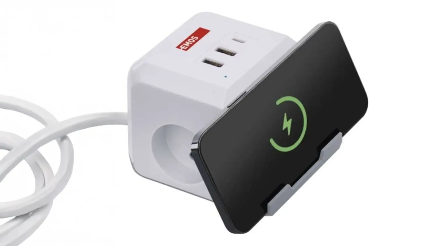 Prodlužovac&iacute; kabel Emos P0212CQ demonstruj&iacute;c&iacute; uchycen&iacute; a nab&iacute;jen&iacute; telefonu.