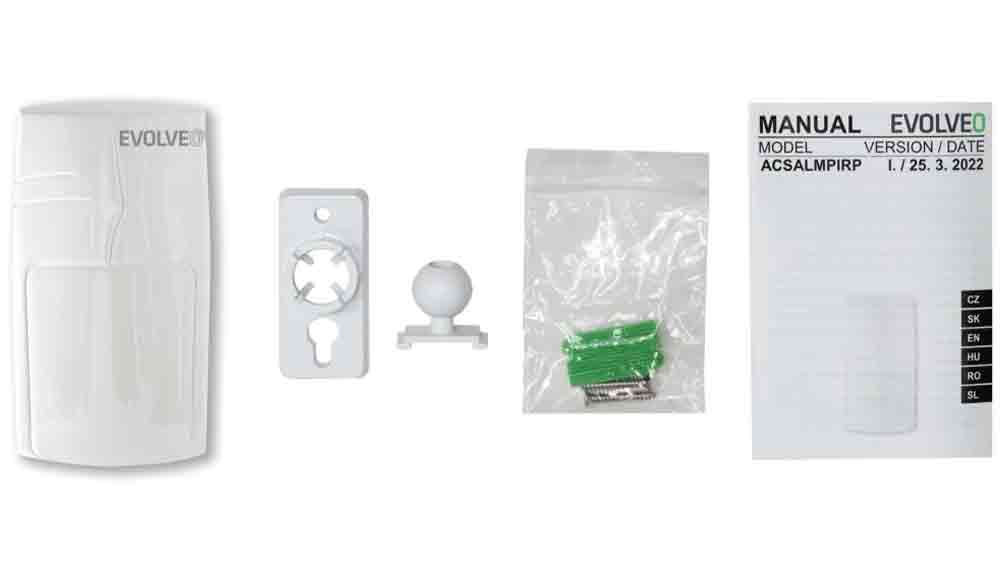 Kompletní obsah balení bezdtrátového PIR snímače pohybu Evolveo pro SecuPro/Alarmex Pro_03