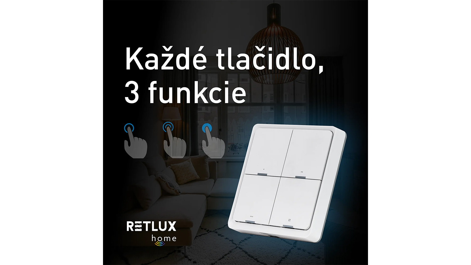 Smart vyp&iacute;nač RETLUX Reed so symbolmi 3 funkci&iacute; každ&eacute;ho tlačidla