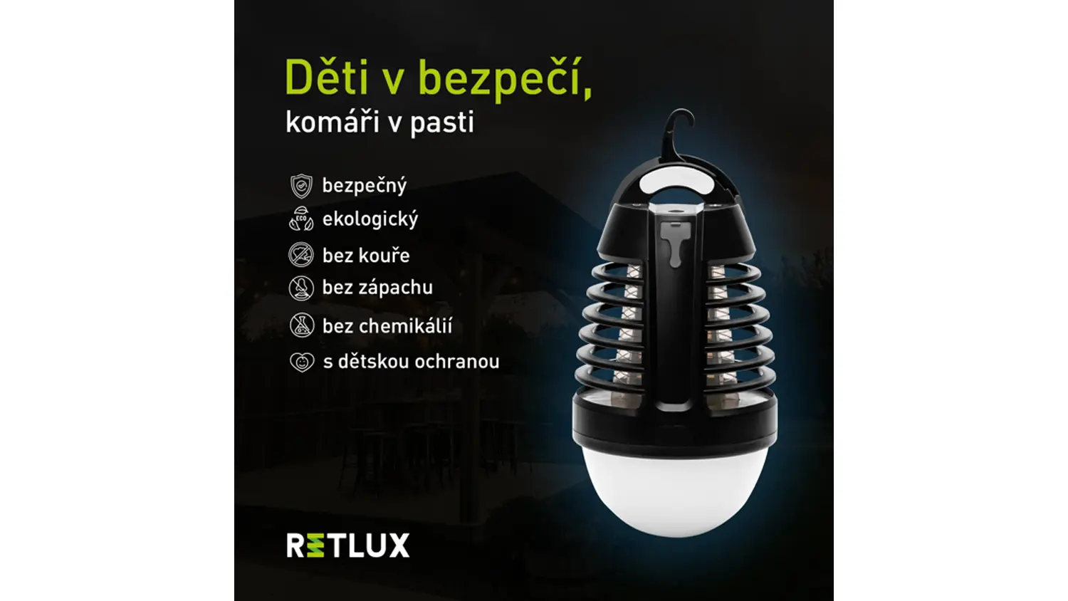 Lapač hmyzu se světlem Retlux RGL 130 s ikonami vlastnost&iacute;