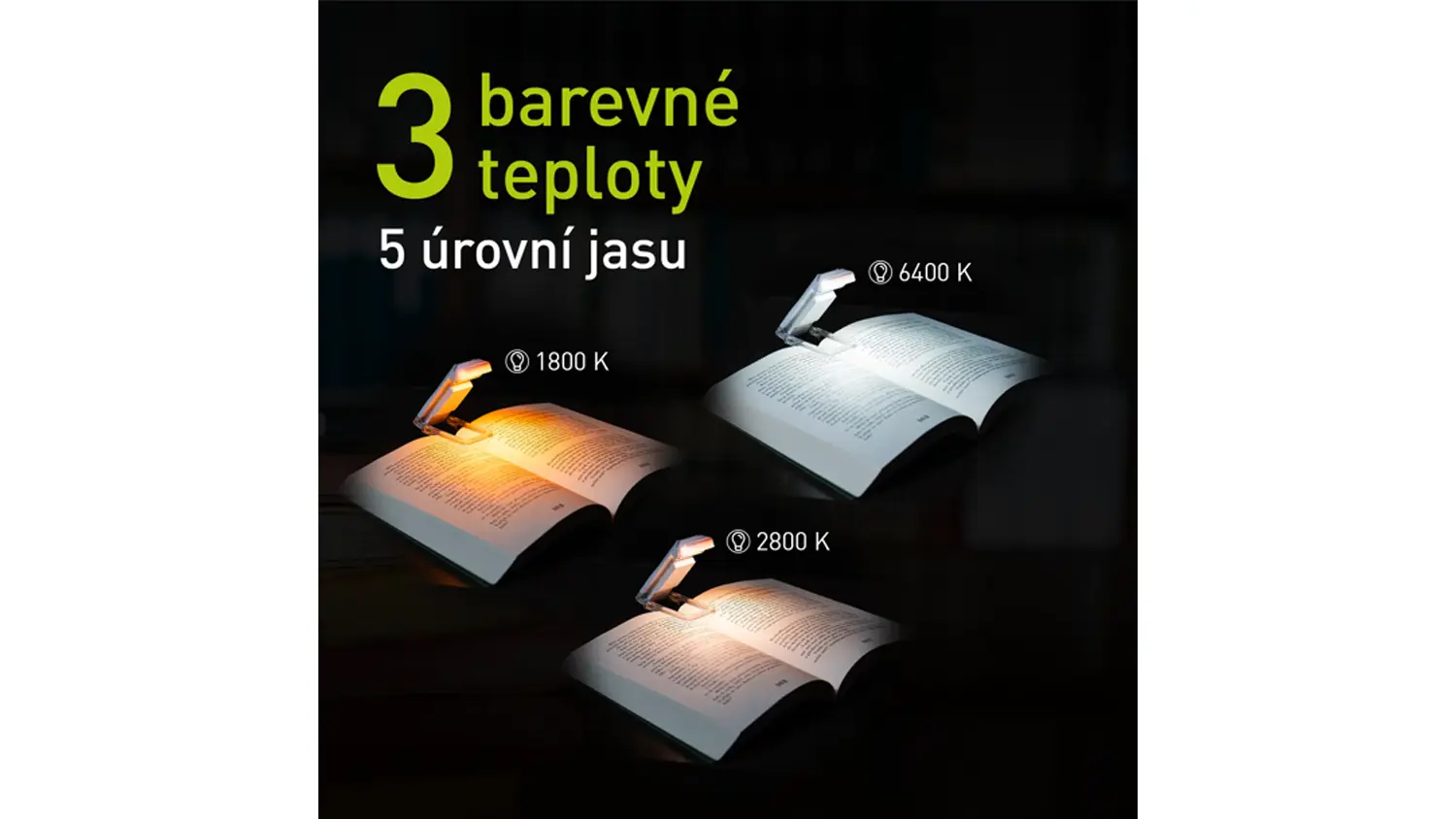 Ukázka barevných teplot světla LED lampičky na čtení Retlux RTL 213