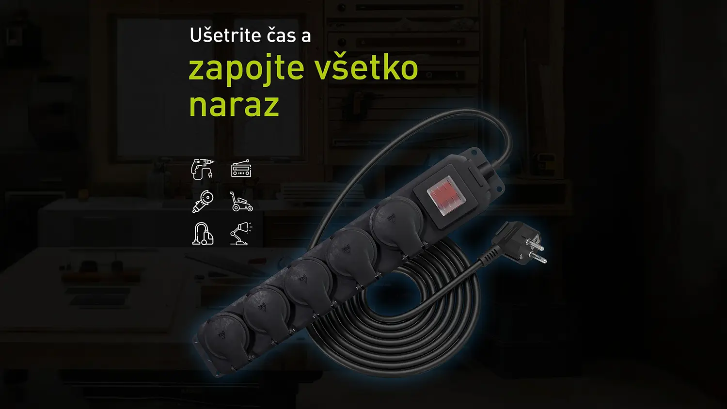 Vonkajší predlžovací prívod s 5 zásuvkami Retlux RPC 208 s reklamným textom