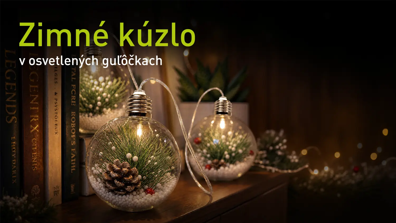 Detail gule girlandy pri knihách na polici.