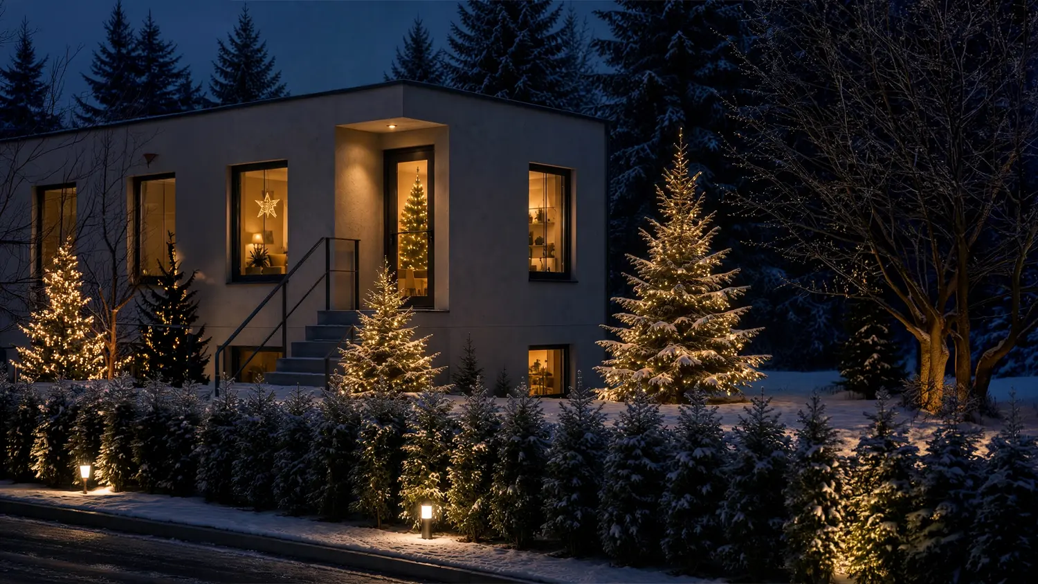 Vianočný LED reťaz zdobí vianočný stromček v exteriéri.