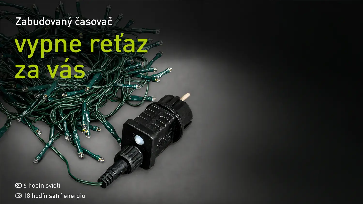 Odpojený svetelný reťaz so zdrojom a popisom.