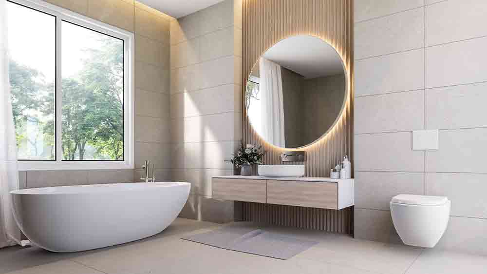 Kulaté zrcadlo v koupelně osvětlené LED páskem_02