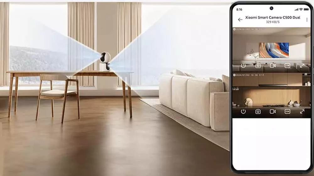 Bezpečnostn&iacute; kamera Xiaomi Smart Camera C500 Dual EU instalovan&aacute; na stole a propojen&aacute; s aplikac&iacute;_02