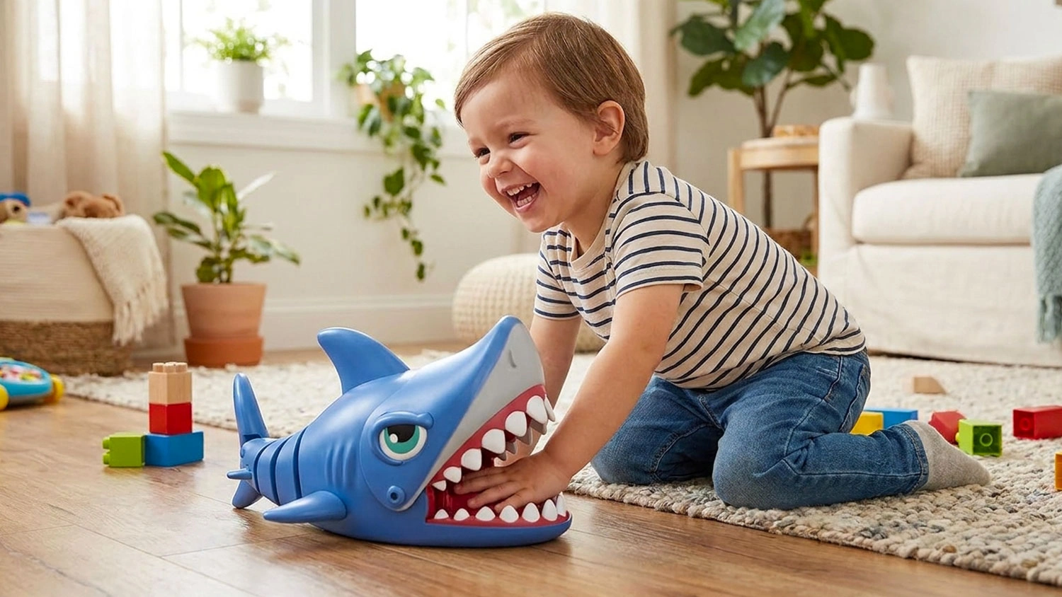 Chlapec si hraje se žralokem na dálkové ovládání Buddy Toys RC Shark BRC 20.115