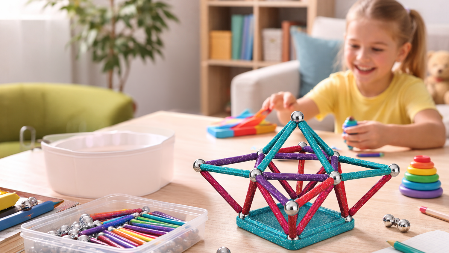 Holčička stav&iacute; ze stavebnice Geomag Glitter