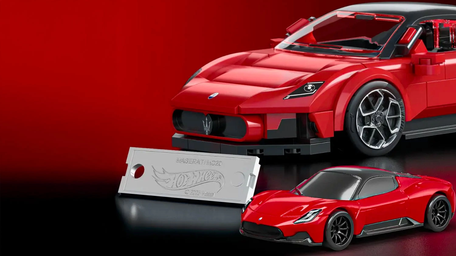 Model auta Maserati MC20 z kostek, kovov&yacute; &scaron;t&iacute;tek s logem Hot Wheels a mal&yacute; anglič&aacute;k.