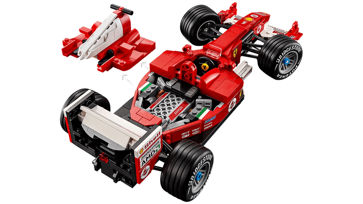 Pohled na motor V10 v replice Ferrari ze stavebnice LEGO® Icons