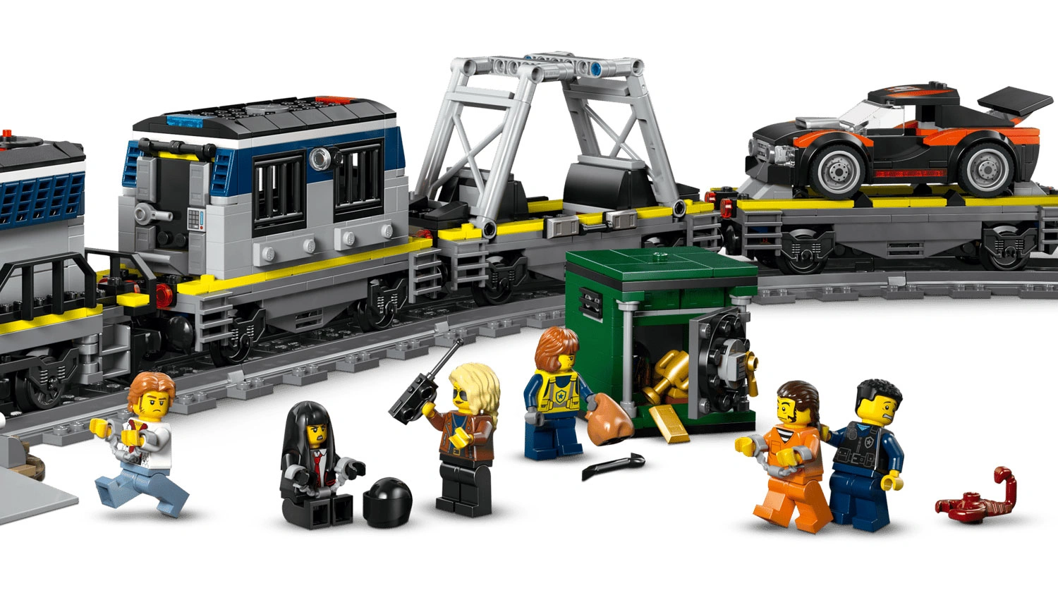Bližší pohled na stavebnici LEGO® City 60508 Loupež v policejním vlaku včetně 6 minifigurek s doplňky