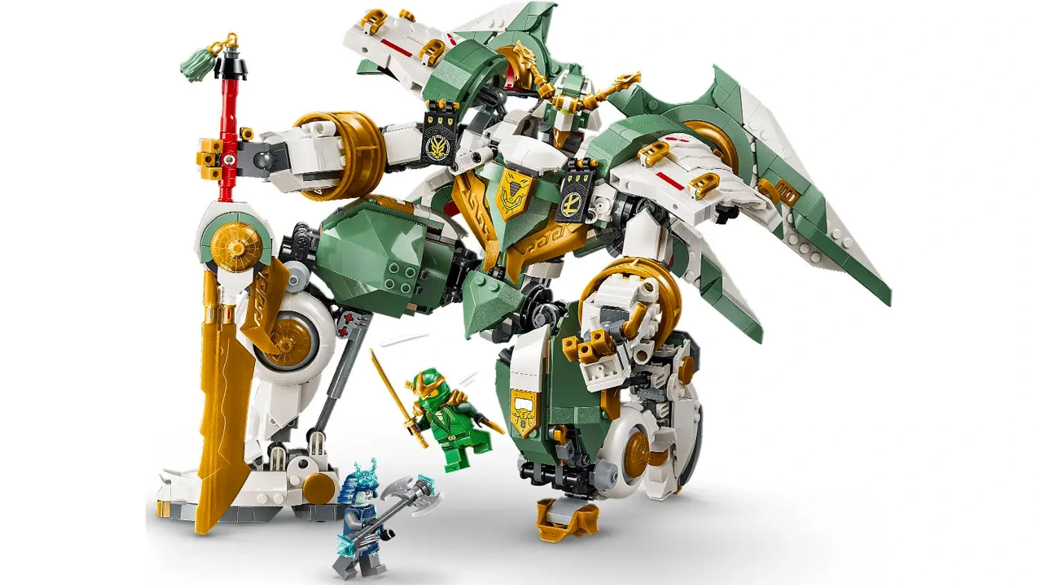 Titanový robot ze stavebnice LEGO® NINJAGO® 71860 Lloydův titanový robot: 15 let NINJAGO® ve znázorněné bitvě s minifigurkami postav ze seriálu