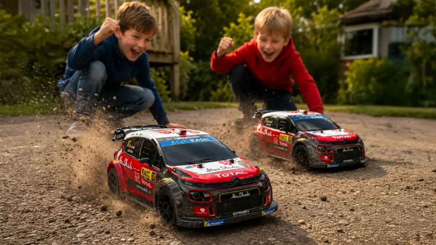 Dvaja chlapci sa hrajú s autami Maxlife Fast Gearz Citroën C3 WRC