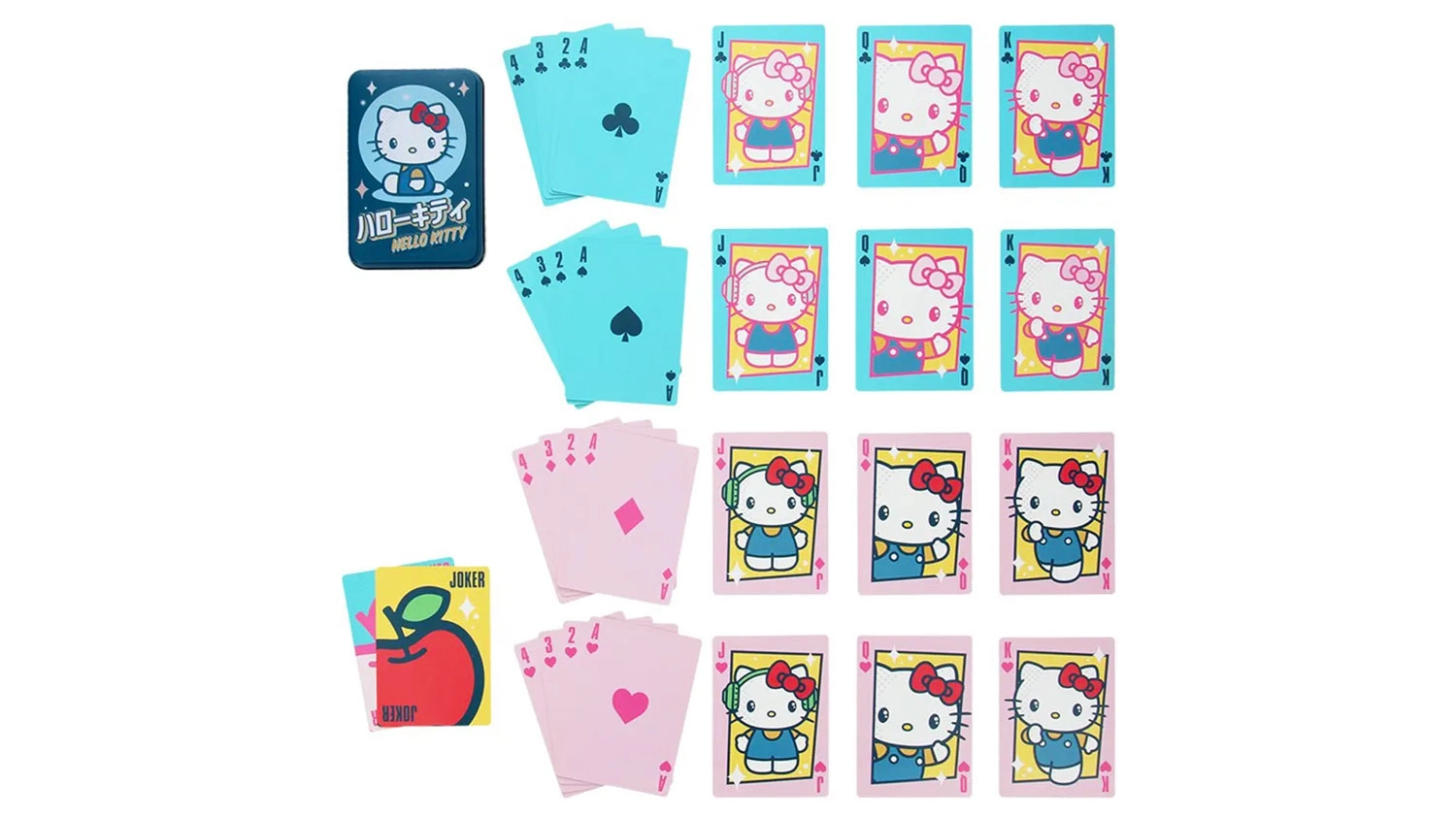 Hrací karty PALADONE Hello Kitty rozložené na stole