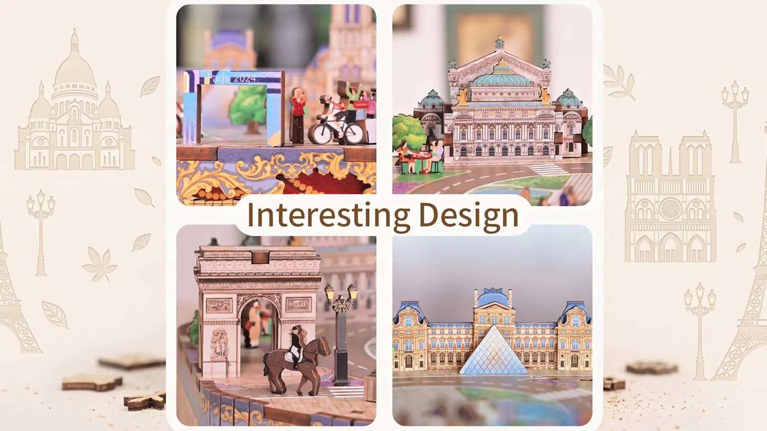 Koláž 4 detailních záběrů na Louvre, Operu a Vítězný oblouk s nápisem Interesting Design
