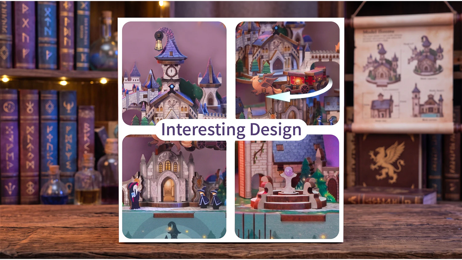 Koláž 4 detailných záberov na hrad, fontánu a čarodejníkov s nápisom „Interesting Design“.