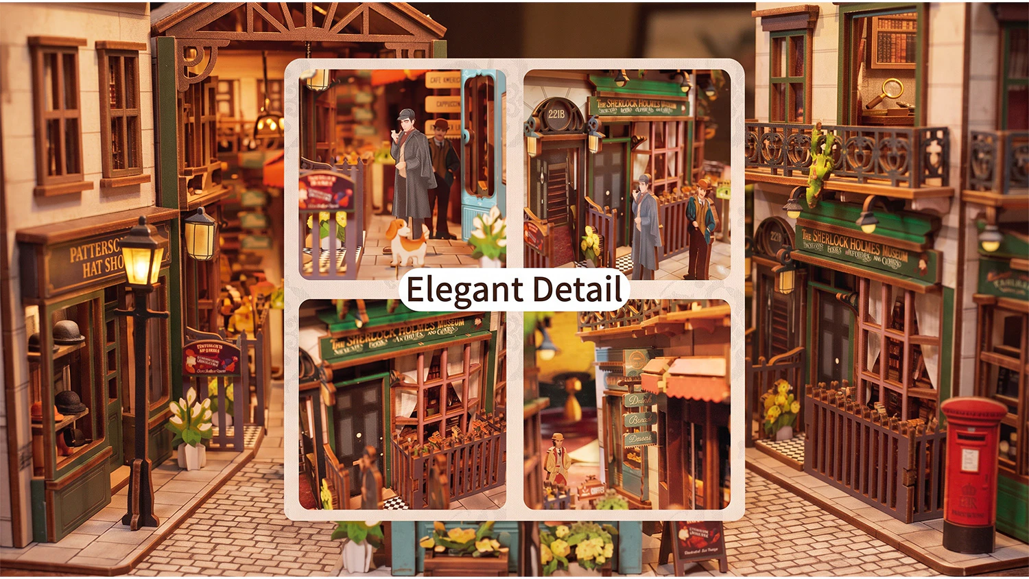 Koláž 4 detailných záberov na uličku, kaviareň a postavičky s nápisom „Elegant Detail“.