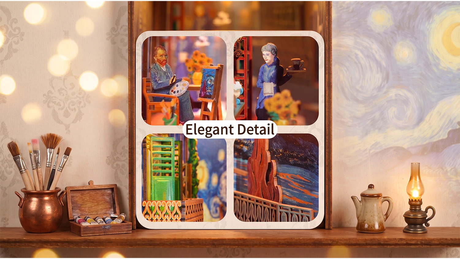 Koláž 4 detailných záberov na maliara, servírku, balkón a nočnú oblohu s nápisom „Elegant Detail“.