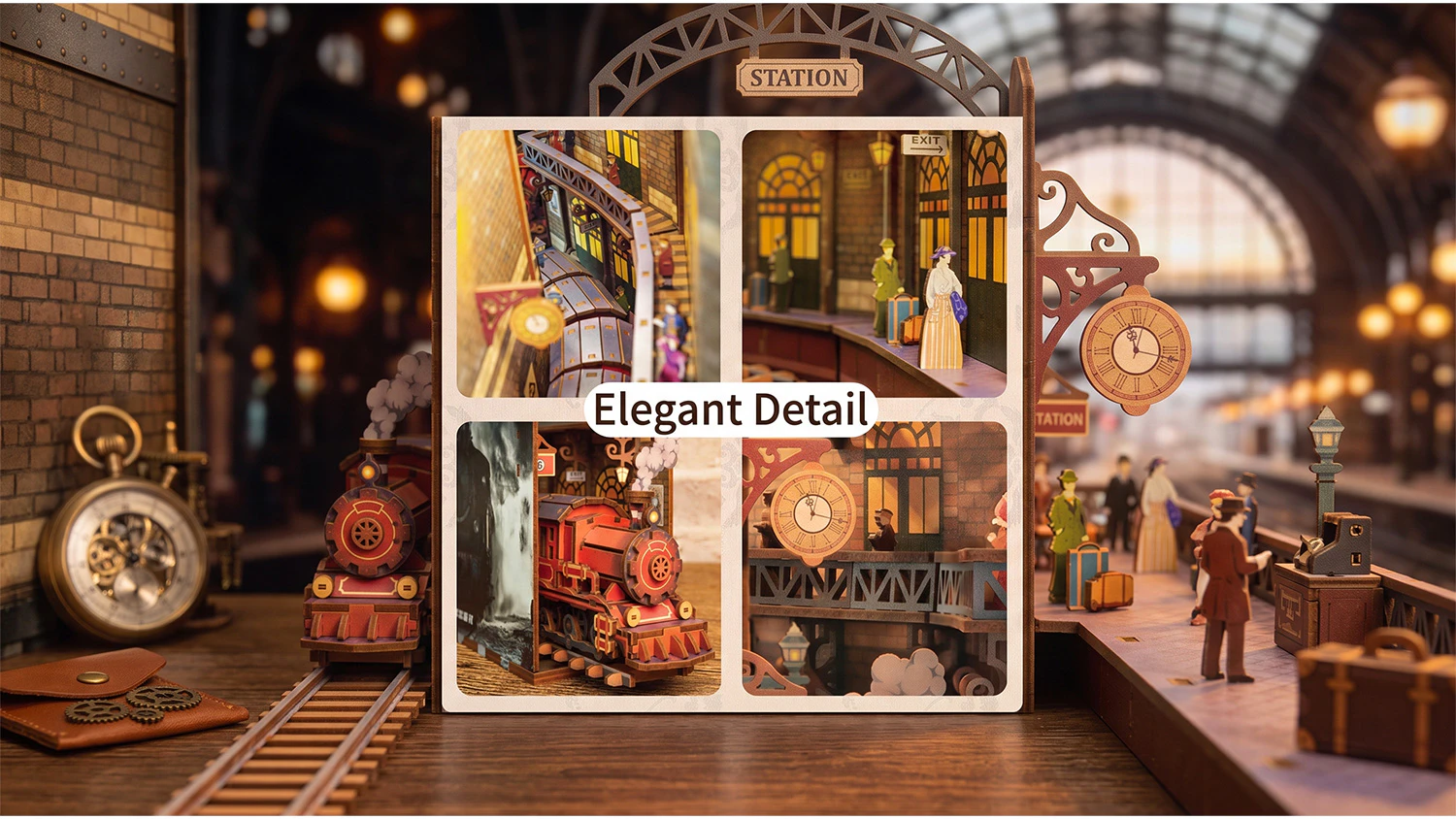 Kol&aacute;ž 4 detailn&yacute;ch z&aacute;berov na vlak, hodiny a cestuj&uacute;cich s n&aacute;pisom &bdquo;Elegant Detail&ldquo;.