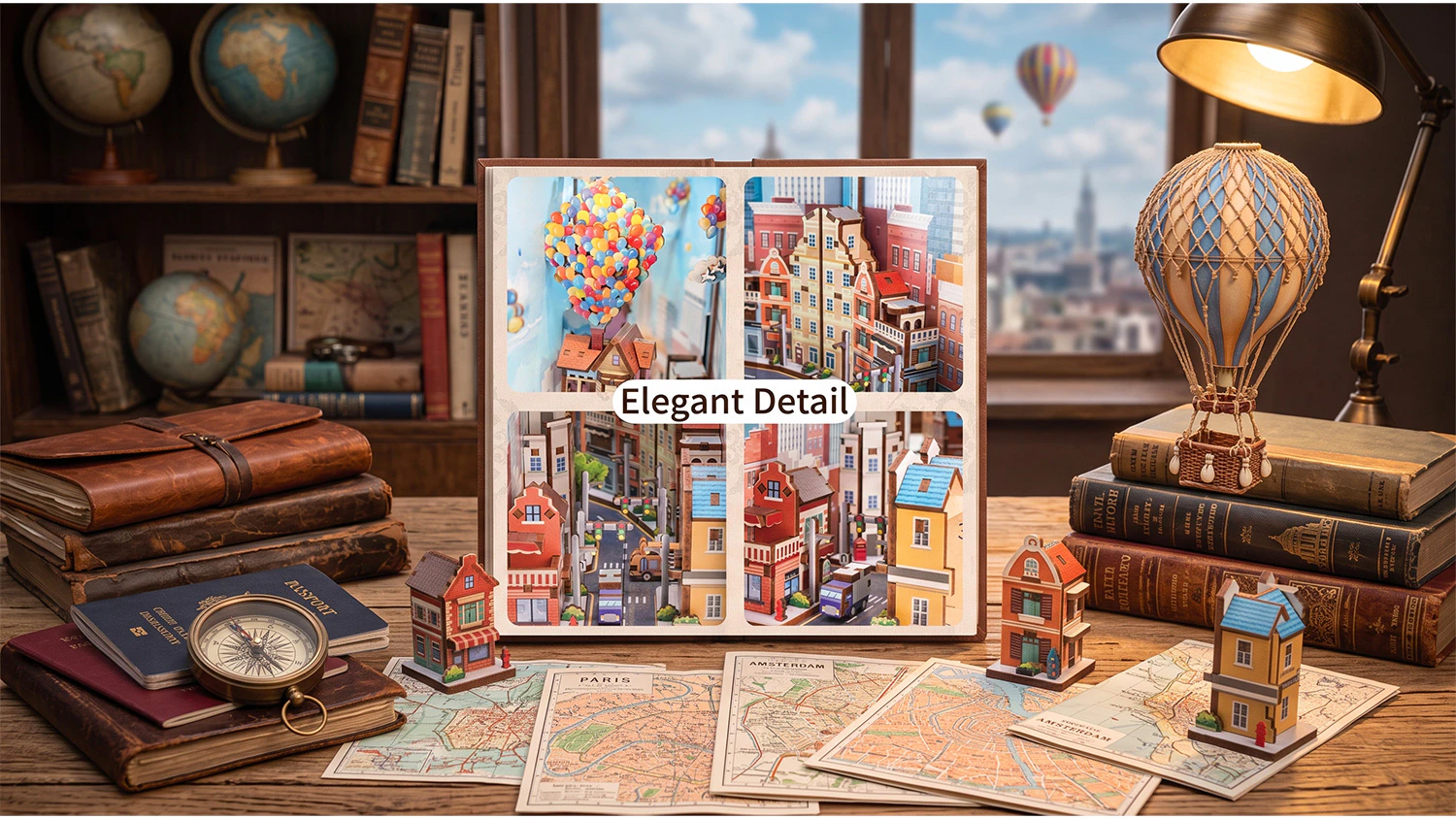Kol&aacute;ž 4 detailn&yacute;ch z&aacute;berov na bal&oacute;ny, domček a mestsk&uacute; z&aacute;stavbu s n&aacute;pisom &bdquo;Elegant Detail&ldquo;.