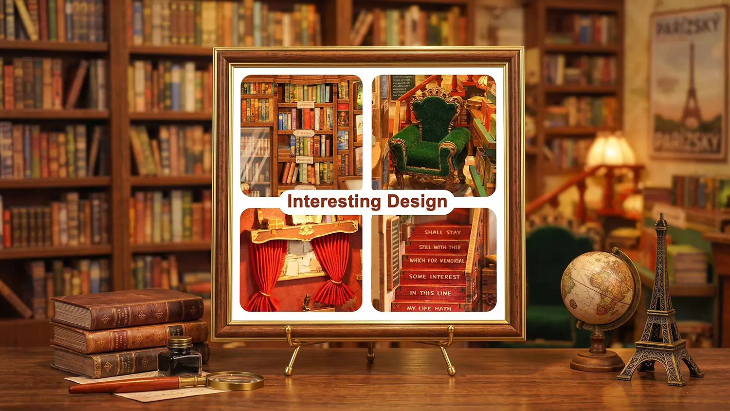 Kol&aacute;ž 4 detailn&yacute;ch z&aacute;berov na knižnicu, kreslo, z&aacute;vesy a schodisko s n&aacute;pisom "Interesting Design".